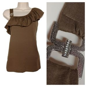 TAKONI Brown Ruffle Silvertone Buckle Large Top NWT